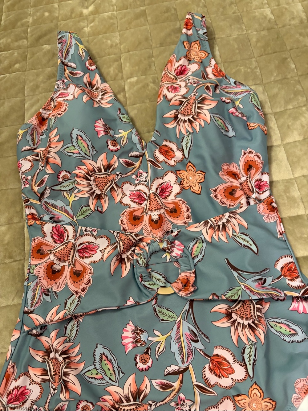Amazon Women One-Piece Swimsuit in Teal with Pink and Orange Floral Print